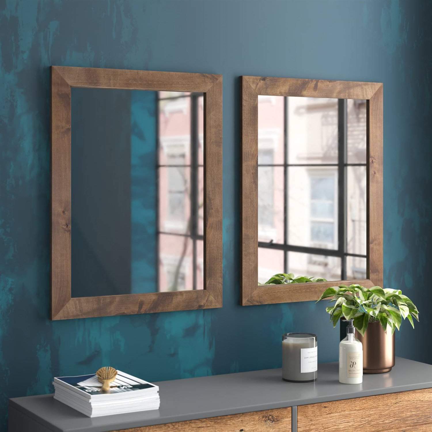 Modern Farmhouse Distressed Brown Wood Wall Mirrors (Set of 2) 2 Modern Farmhouse Distressed Brown Wood Wall Mirrors (Set of 2) - Image 2