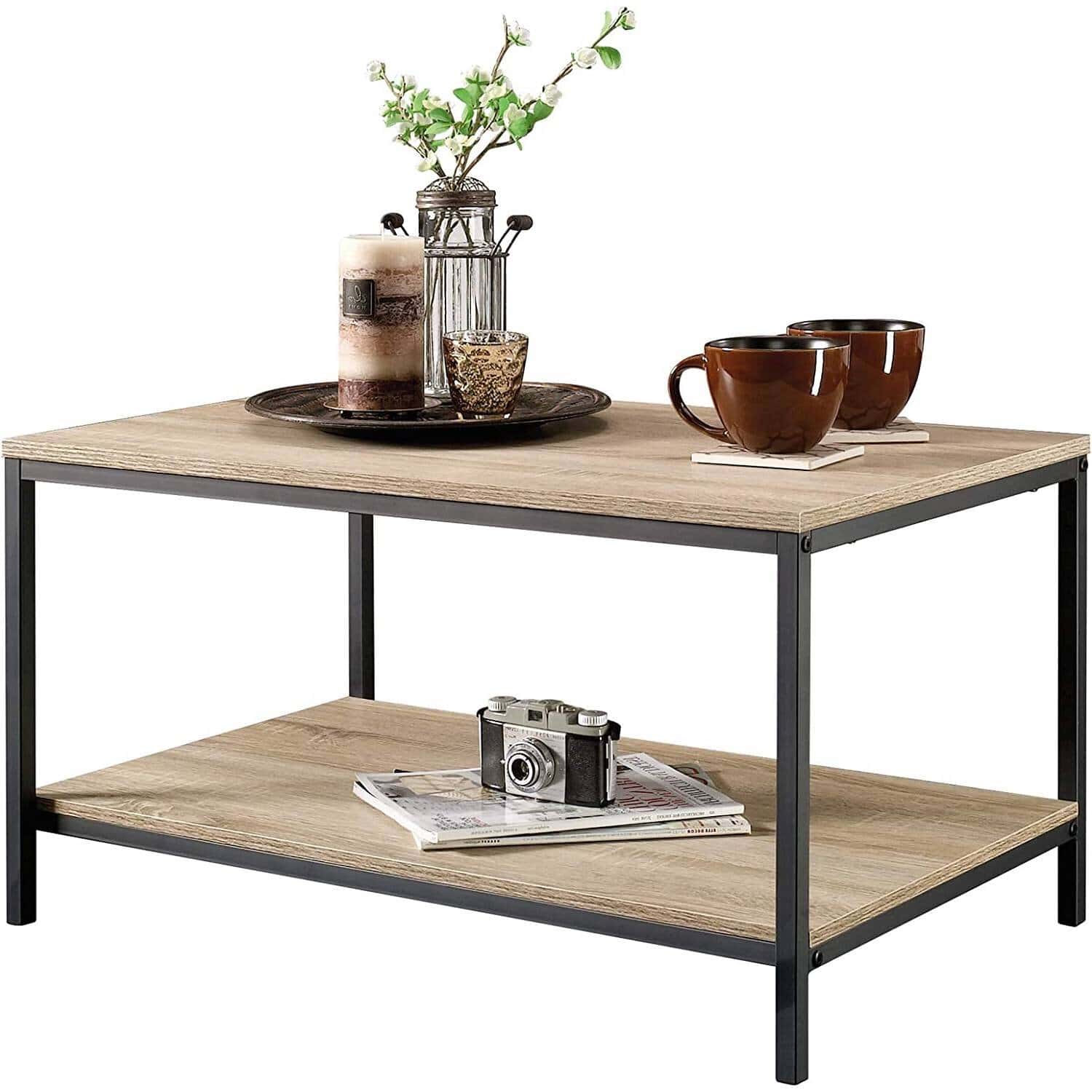 Industrial 2-Tier Coffee Table with Rustic Light Oak Finish 1 Industrial 2-Tier Coffee Table with Rustic Light Oak Finish