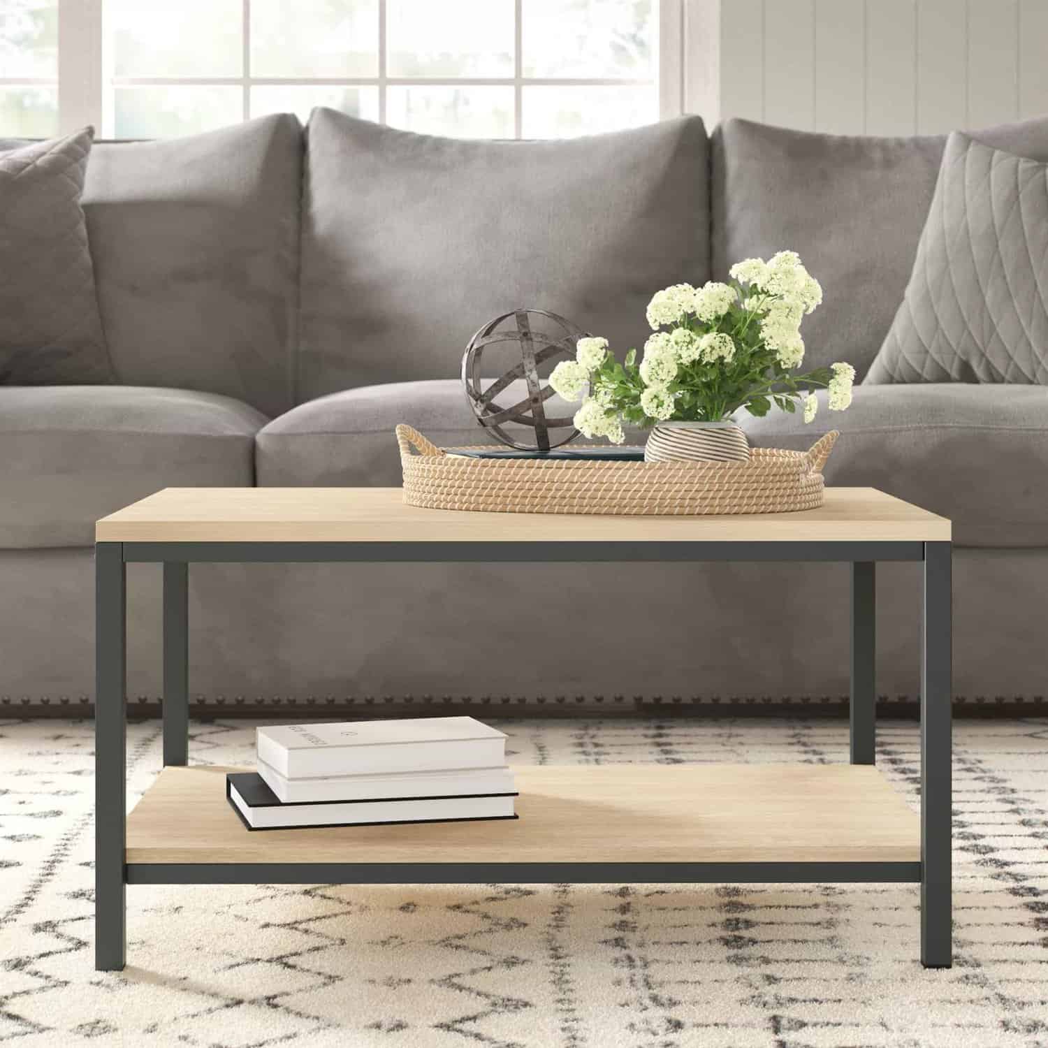 Industrial 2-Tier Coffee Table with Rustic Light Oak Finish 3 Industrial 2-Tier Coffee Table with Rustic Light Oak Finish - Image 3