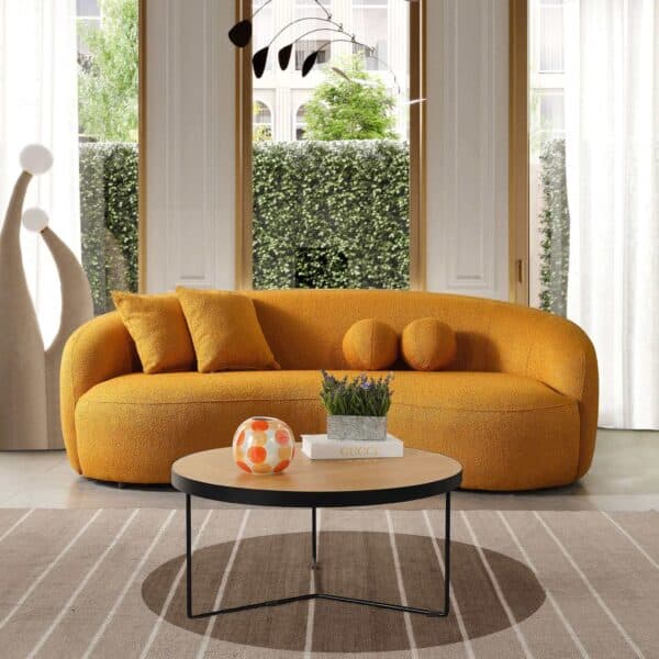 Yellow Boucle Tufted Sofa with Walnut Wood Legs