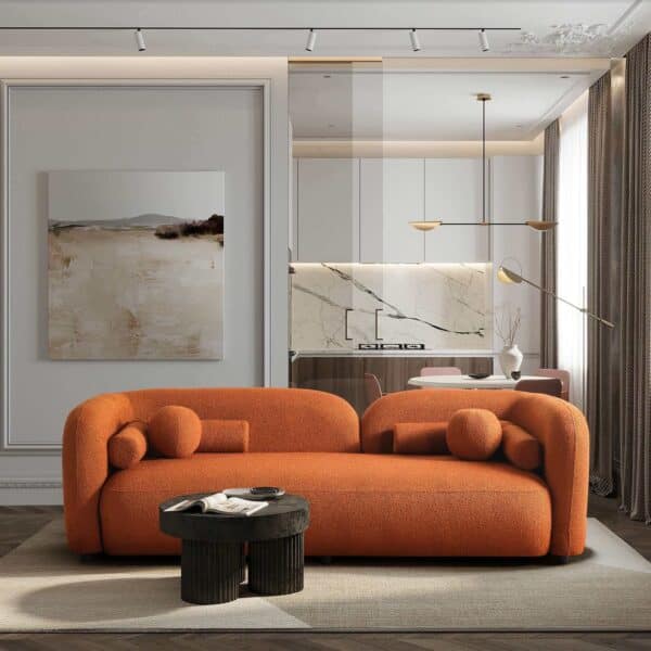 Orange Boucle Sofa with Removable Legs and Modern Design