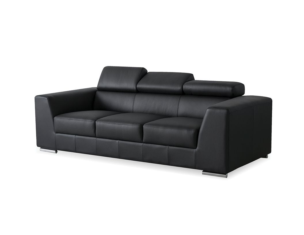 ICON Black Leather Sofa Adjustable Headrests Polished Steel Legs