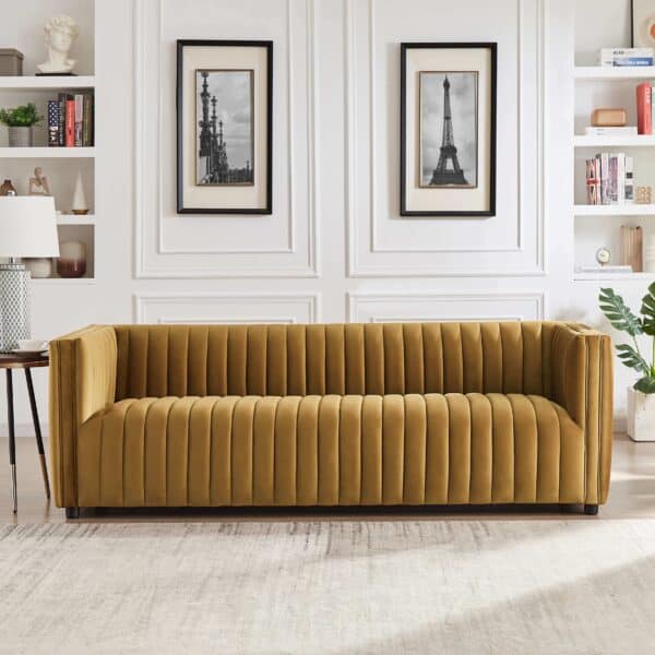 Yellow Tufted Velvet Sofa with Walnut Wood Legs