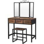 Rustic Farmhouse Vanity Desk with Stool and Tri-Fold Mirror