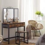 Rustic Farmhouse Vanity Desk with Stool and Tri-Fold Mirror