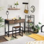 Rustic Farmhouse Vanity Desk with Stool and Tri-Fold Mirror