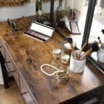 Rustic Farmhouse Vanity Desk with Stool and Tri-Fold Mirror