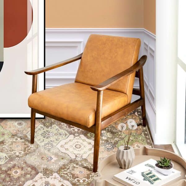 Tan Leather Mid-Century Modern Lounge Chair With Rolled Arms