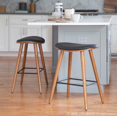 Saddle Walnut Black Faux Leather 26-Inch Counter Stools (Set of 2)