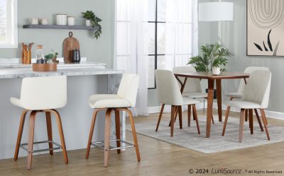 Santi 24 Mid-Century Modern Walnut White Swivel Counter Stools (Set of 2)