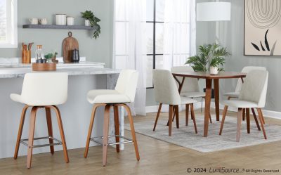 Santi 25 Mid-Century Modern Walnut White Swivel Counter Stools (Set of 2)