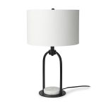 Sarah 15.0L x 10.0W x 22.2H Arched Black Metal W/Marble Cube and White Shade Table Lamp