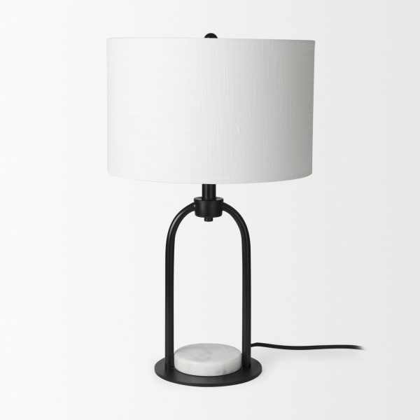 Sarah 15.0L x 10.0W x 22.2H Arched Black Metal WMarble Cube and White Shade Table Lamp 2