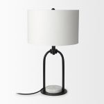 Sarah 15.0L x 10.0W x 22.2H Arched Black Metal W/Marble Cube and White Shade Table Lamp