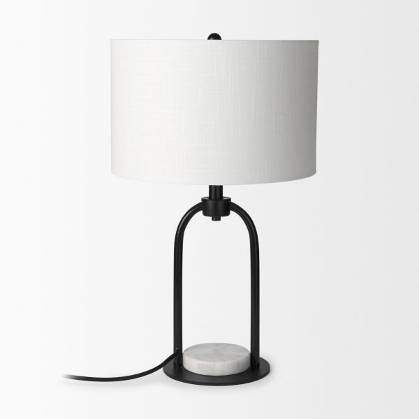 Sarah 15.0L x 10.0W x 22.2H Arched Black Metal WMarble Cube and White Shade Table Lamp 4