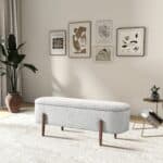 Ivory Boucle Mid-Century Modern Storage Bench with Teak Frame 8 Ivory Boucle Mid-Century Modern Storage Bench with Teak Frame