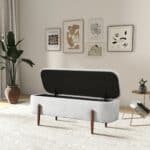 Ivory Boucle Mid-Century Modern Storage Bench with Teak Frame 10 Ivory Boucle Mid-Century Modern Storage Bench with Teak Frame