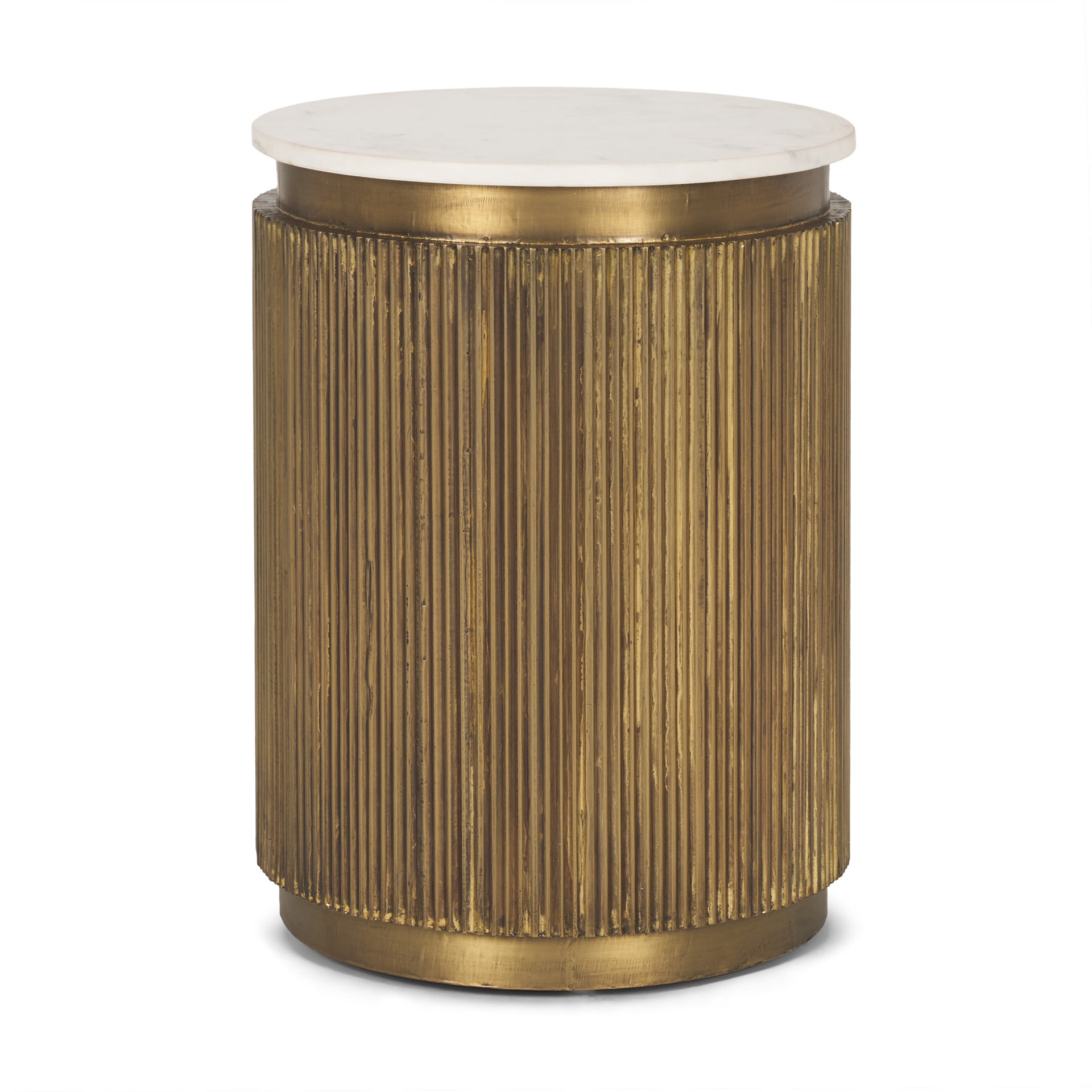 Satima White Marble w Gold Metal Round Fluted Accent Table