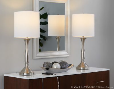 Sawyer 25" Contemporary Table Lamp with USB Port in Brushed Nickel and White Linen Shade (Set of 2) (Set of 2)