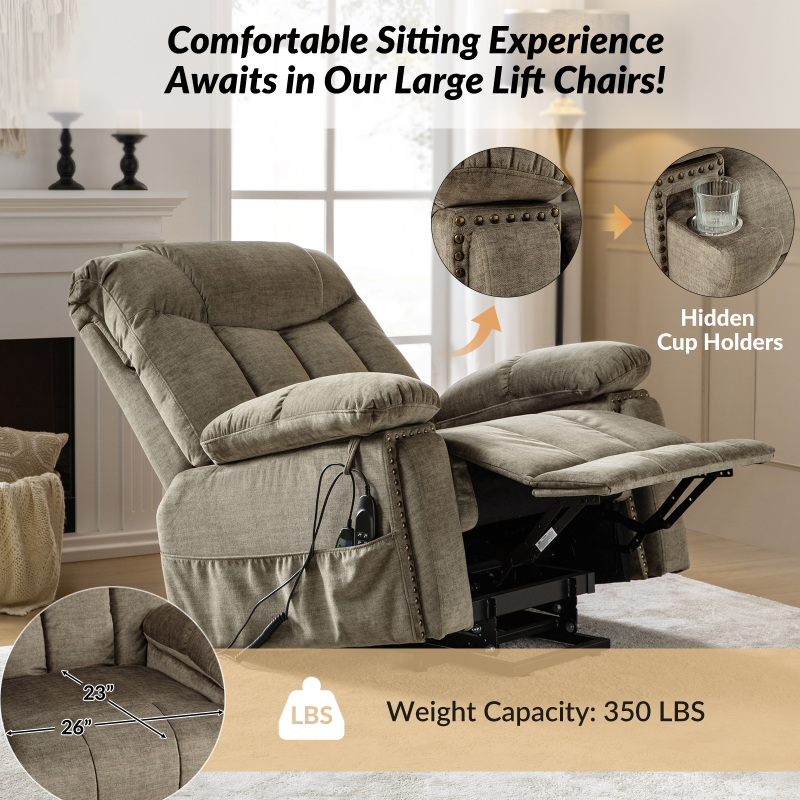 Scott Beige Velvet Power Lift Massage Recliner 3 Scott Beige Velvet Power Lift Massage Recliner - Image 3