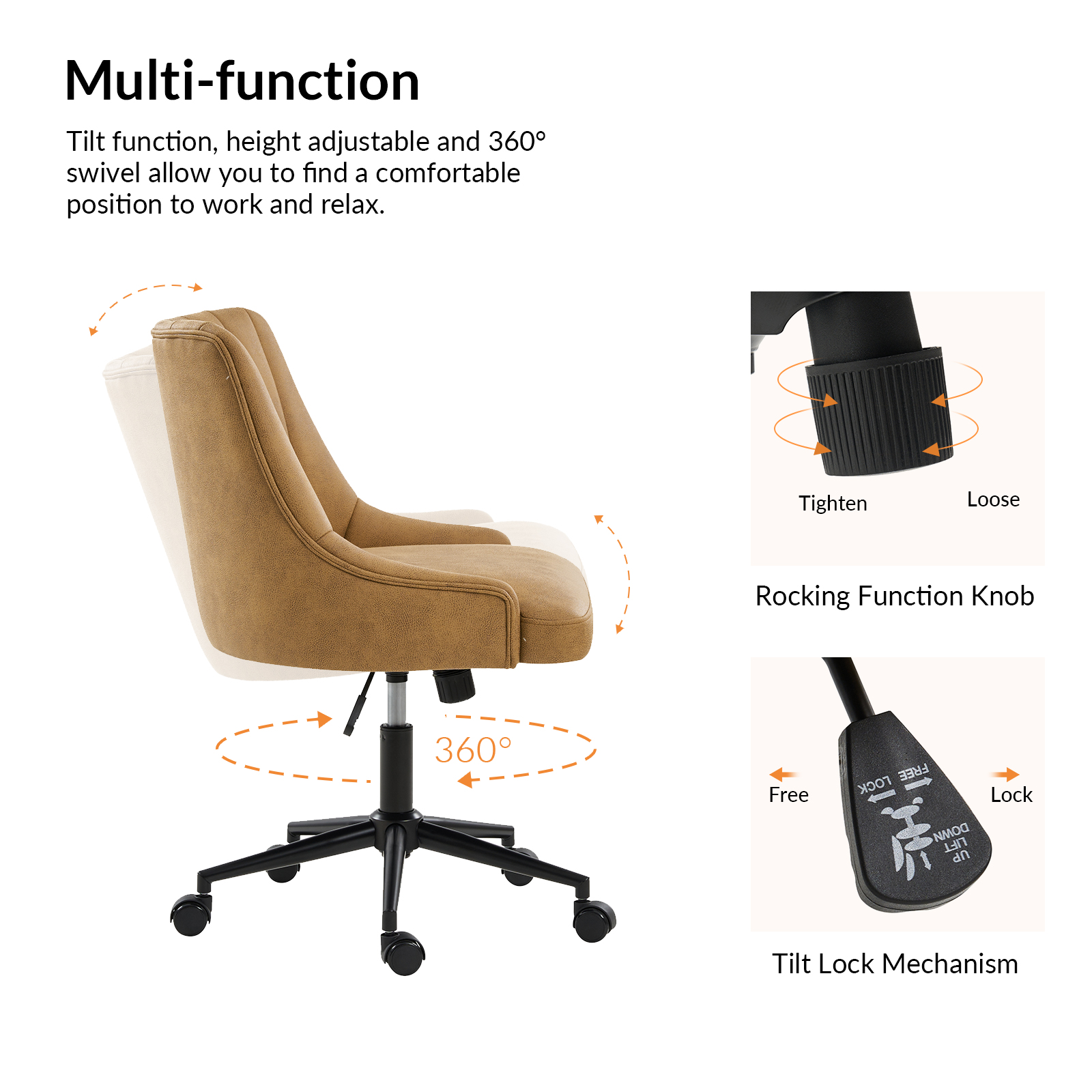 Seamas Camel Faux Leather Tufted Swivel Adjustable Office Chair 3 Seamas Camel Faux Leather Tufted Swivel Adjustable Office Chair - Image 3