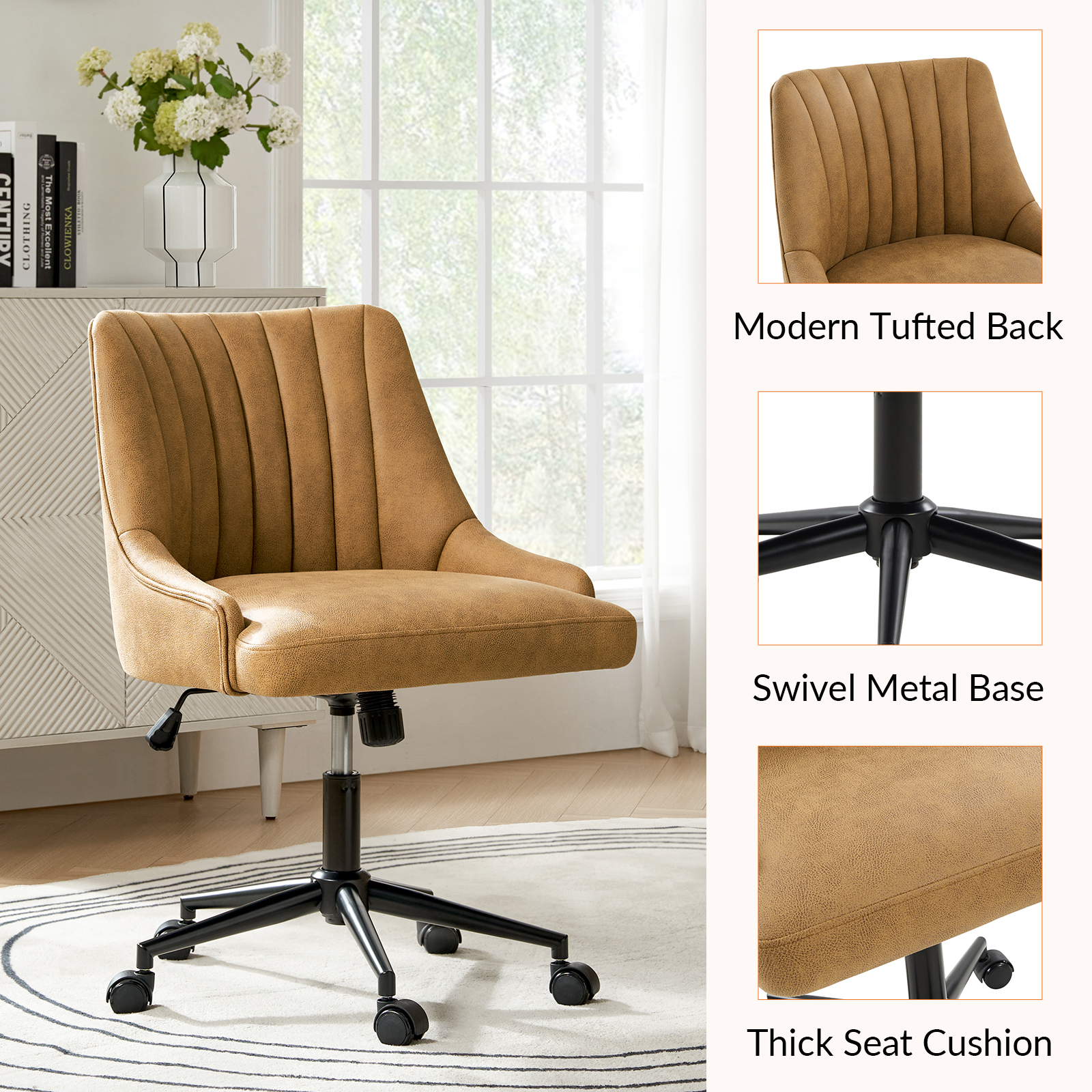 Seamas Camel Faux Leather Tufted Swivel Adjustable Office Chair 4 Seamas Camel Faux Leather Tufted Swivel Adjustable Office Chair - Image 4
