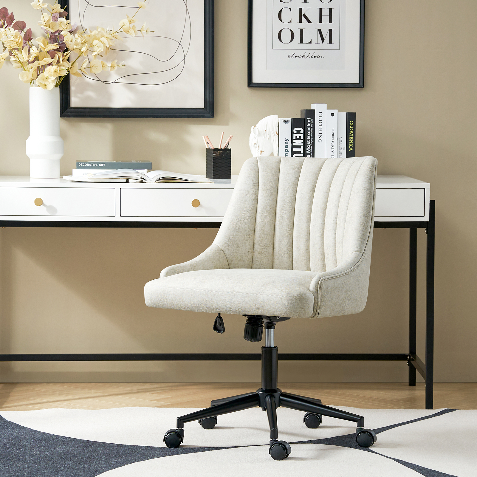 Seamas Ivory Faux Leather Tufted Ergonomic Swivel Office Chair 2 Seamas Ivory Faux Leather Tufted Ergonomic Swivel Office Chair - Image 2