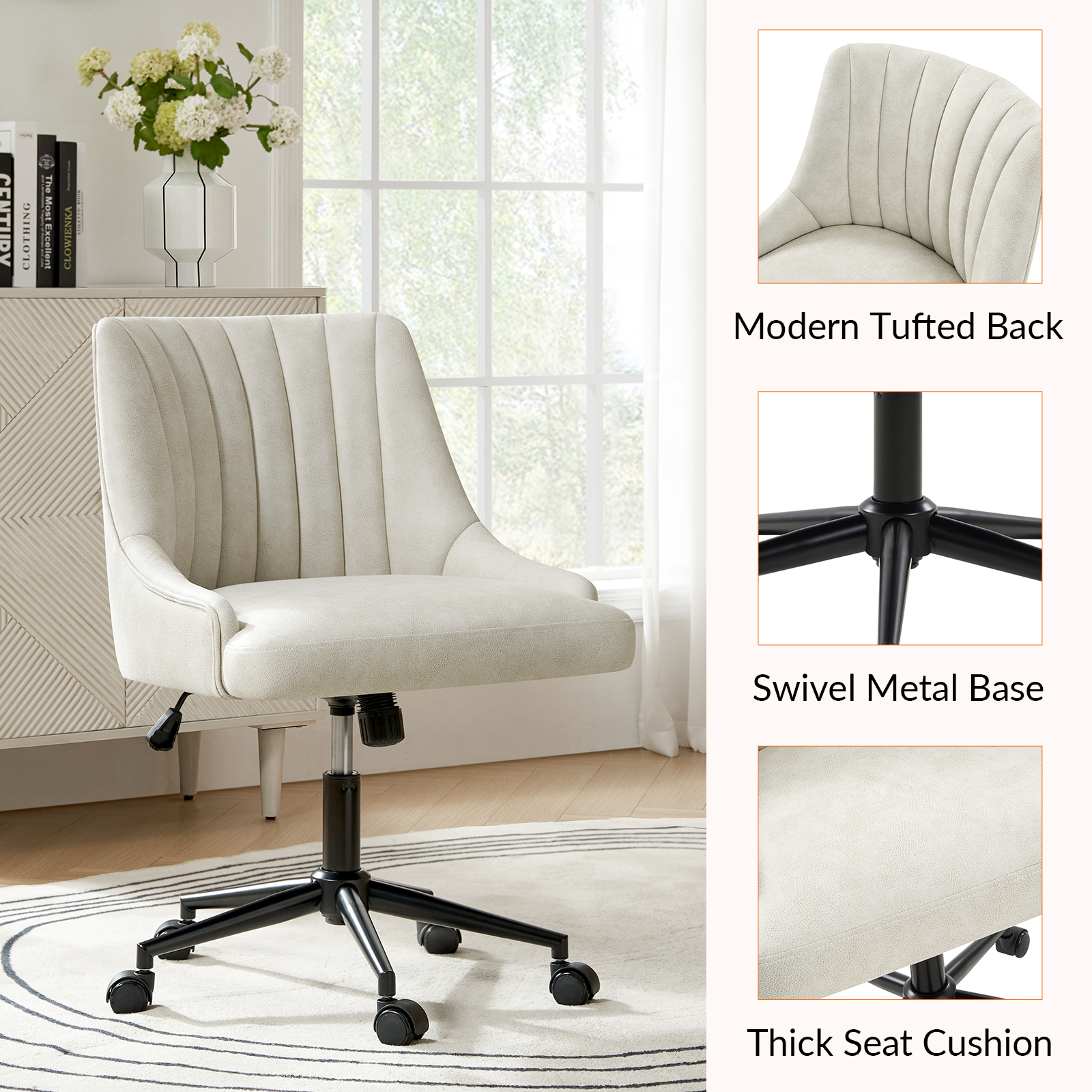 Seamas Ivory Faux Leather Tufted Ergonomic Swivel Office Chair 4 Seamas Ivory Faux Leather Tufted Ergonomic Swivel Office Chair - Image 4