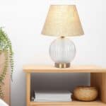 Brass Metal and Glass Table Lamp with Linen Shade