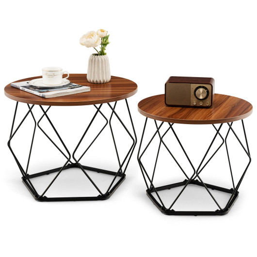 Rustic Round Coffee Tables with Steel Base (Set of 2) 4 Rustic Round Coffee Tables with Steel Base (Set of 2) - Image 4
