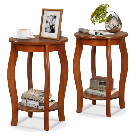 Rustic 2-Tier Round End Table with Storage Shelf Walnut (Set of 2) 4 Rustic 2-Tier Round End Table with Storage Shelf Walnut (Set of 2) - Image 4