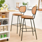Faux Leather Bar Stools with Rattan Backrest and Metal Frame (Set of 2)