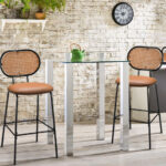 Faux Leather Bar Stools with Rattan Backrest and Metal Frame (Set of 2)