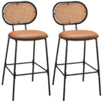 Faux Leather Bar Stools with Rattan Backrest and Metal Frame (Set of 2)