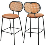 Faux Leather Bar Stools with Rattan Backrest and Metal Frame (Set of 2)