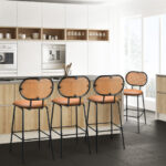Faux Leather Bar Stools with Rattan Backrest and Metal Frame (Set of 2)