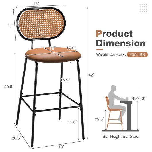 Faux Leather Bar Stools with Rattan Backrest and Metal Frame (Set of 2) - Image 5