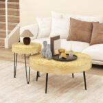 Rustic Round Coffee Tables with Pine Wood Top and Metal Frame (Set of 2)