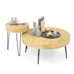 Rustic Round Coffee Tables with Pine Wood Top and Metal Frame (Set of 2)