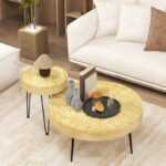 Rustic Round Coffee Tables with Pine Wood Top and Metal Frame (Set of 2)