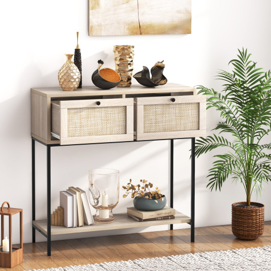 Boho Rattan Console Table with Drawers and Storage Shelf