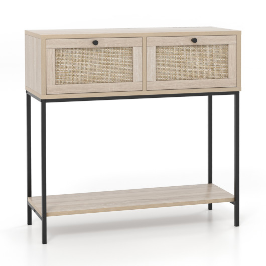 Boho Rattan Console Table with Drawers and Storage Shelf - Image 3