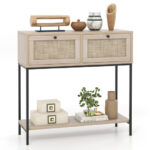 Boho Rattan Console Table with Drawers and Storage Shelf