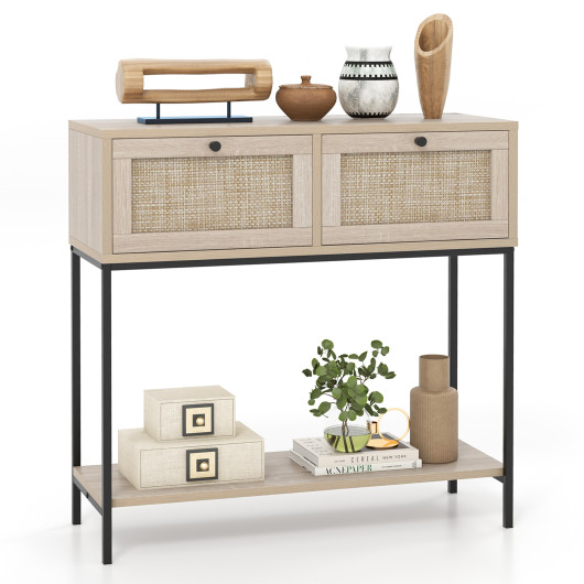 Boho Rattan Console Table with Drawers and Storage Shelf - Image 4
