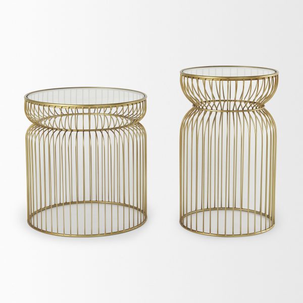 Shani Set of 2 Round Gold Metal w Glass Accent Tables 2