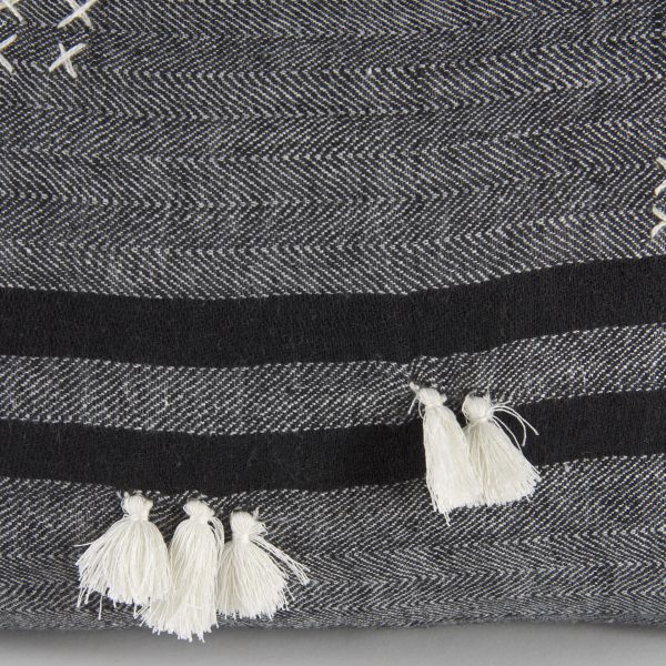 Sibyl 13L x 21W Black Fabric Striped and White Fringed Decorative Pillow Cover 10