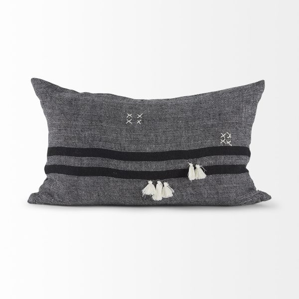 Sibyl 13L x 21W Black Fabric Striped and White Fringed Decorative Pillow Cover 5