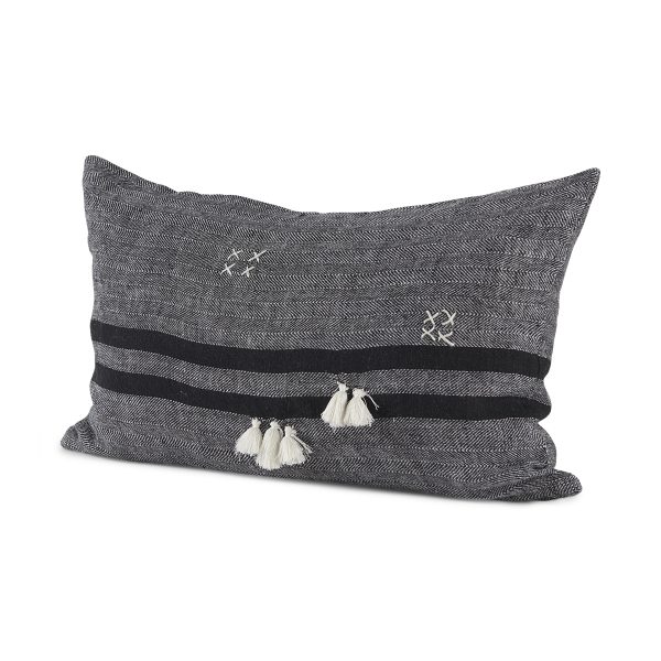Sibyl 13L x 21W Black Fabric Striped and White Fringed Decorative Pillow Cover