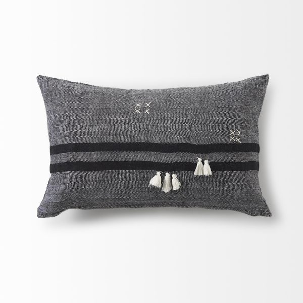 Sibyl 13L x 21W Black Fabric Striped and White Fringed Decorative Pillow Cover 8
