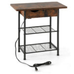 Rustic Brown Side Table with Flip-Top Charging Station